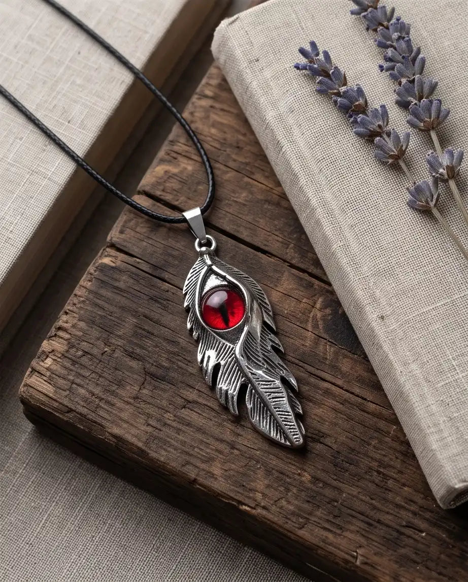 Red Dragon Eye Feather Pendant Box Chain