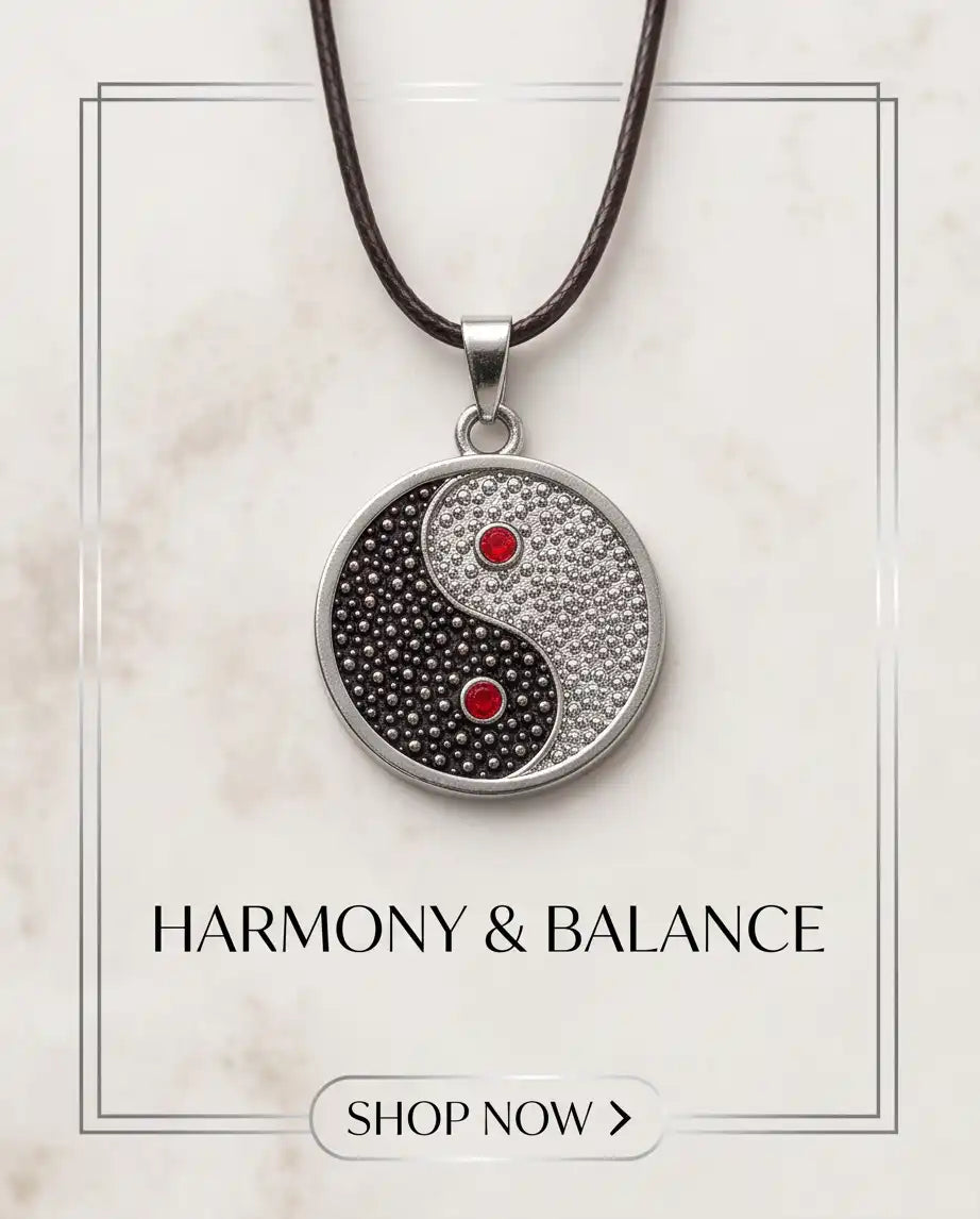 Red Gemstone Stippled Yin Yang Medallion Silver Box Chain Necklace