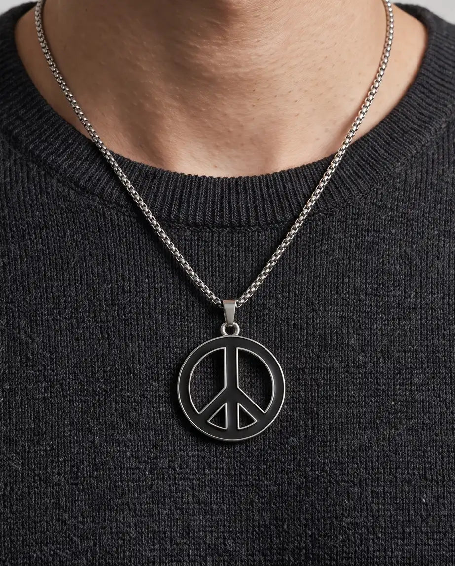 Black Enamel Peace Symbol Medallion Silver Box Chain Necklace