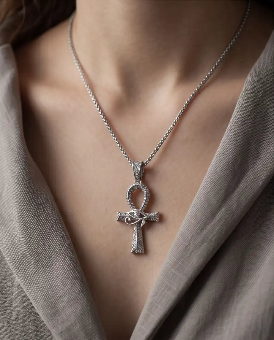 Iced Egyptian Ankh Cross & Eye of Horus Pendant Silver Box Chain Necklace