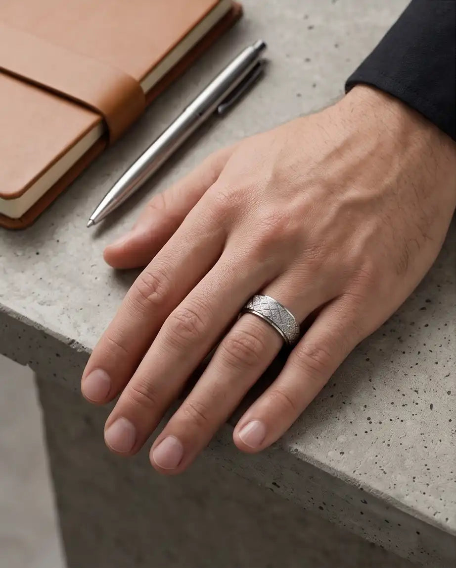 Silver Diamond Texture Grid Band Ring
