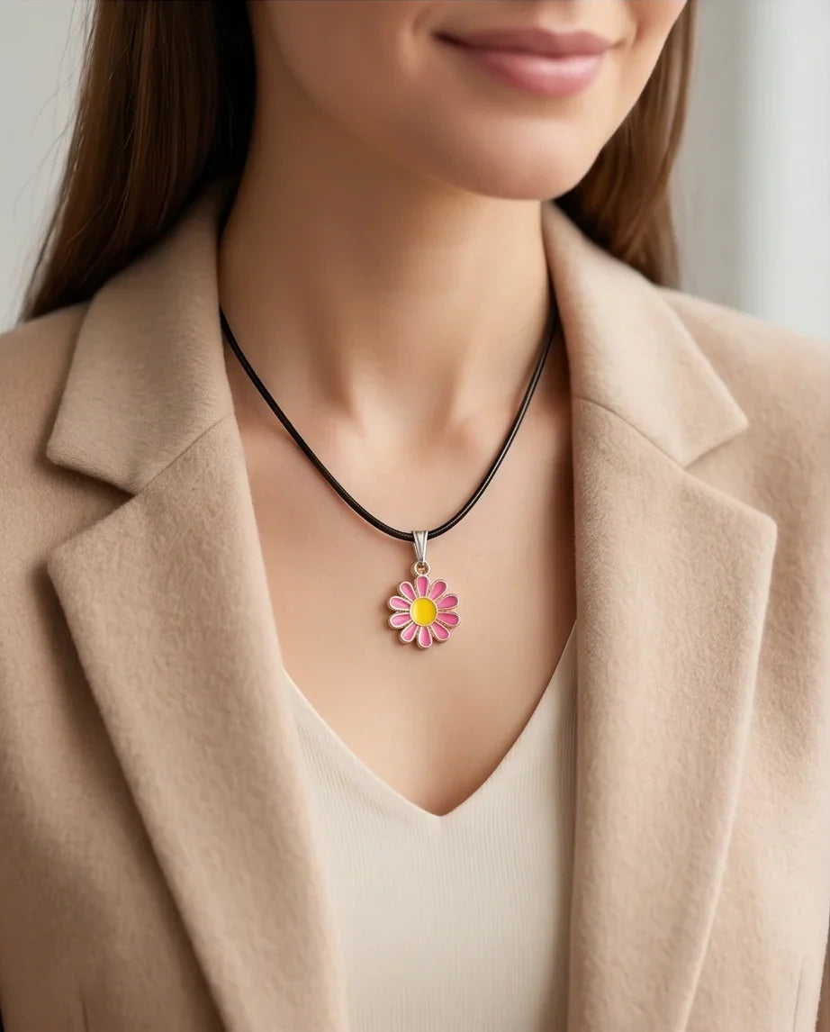 Pink Daisy Flower Enamel Pendant Choker Necklace