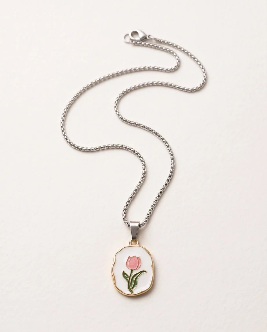 Gold Pink Tulip Enamel Medallion Chain Necklace