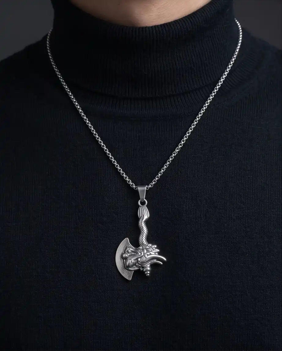 Mythological Dragon Battle Axe Pendant Box Chain
