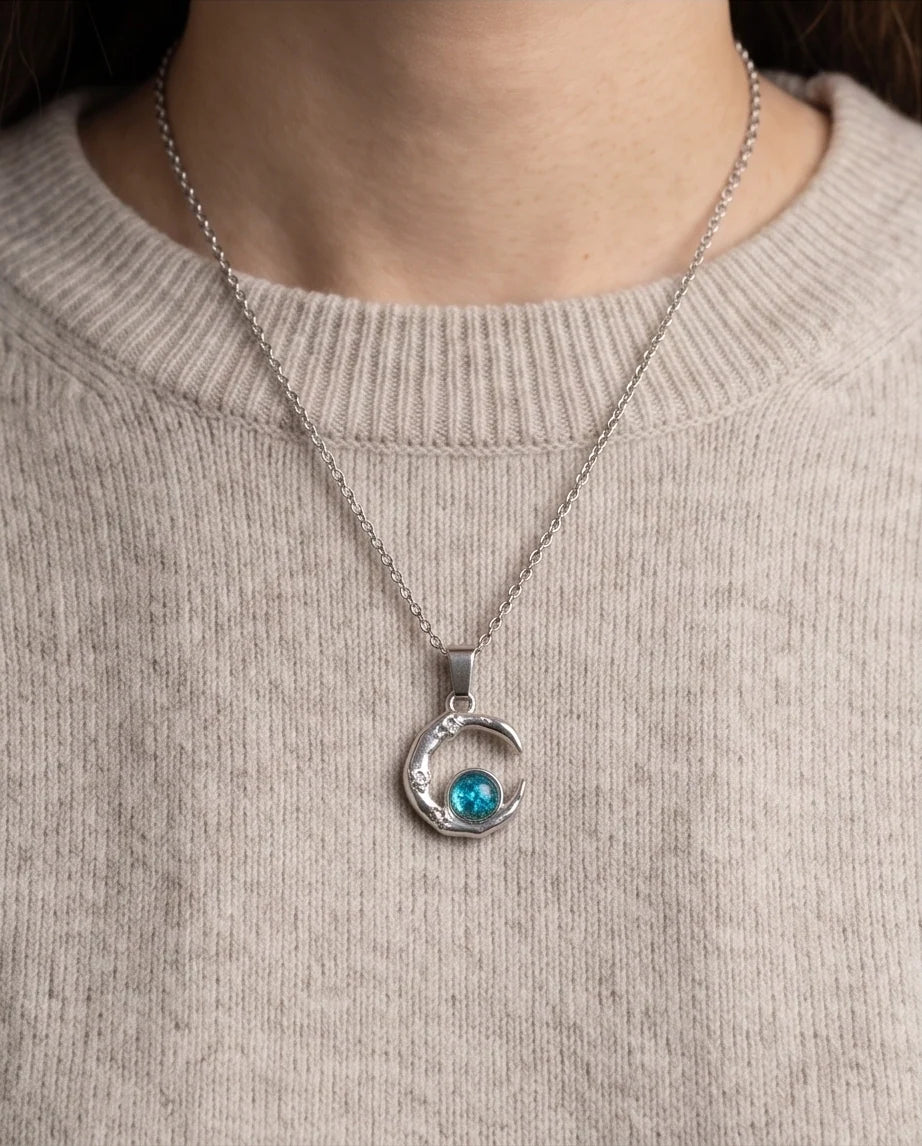 Silver Hammered Crescent Moon Blue Opal Orb Pendant Necklace