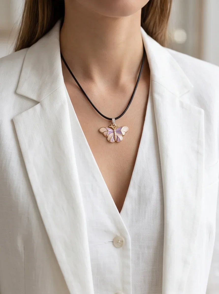 Pink & Lavender Enamel Butterfly Pendant Necklace
