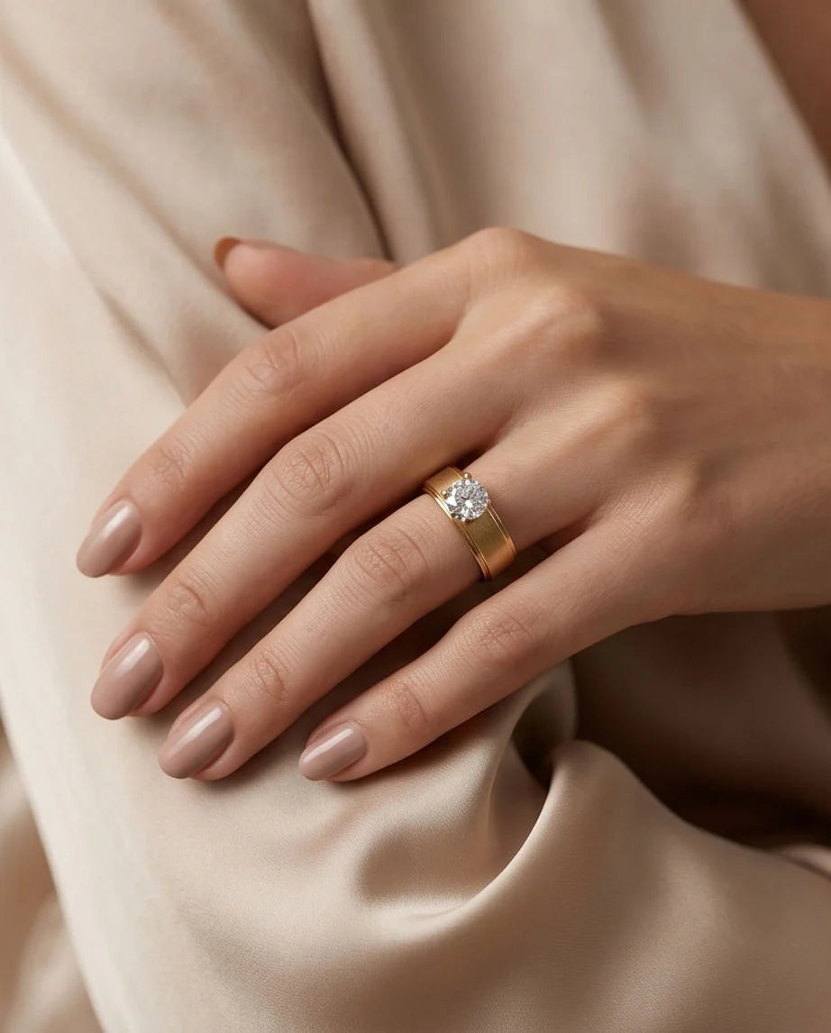 Gold Round Gemstone Brushed Solitaire Ring