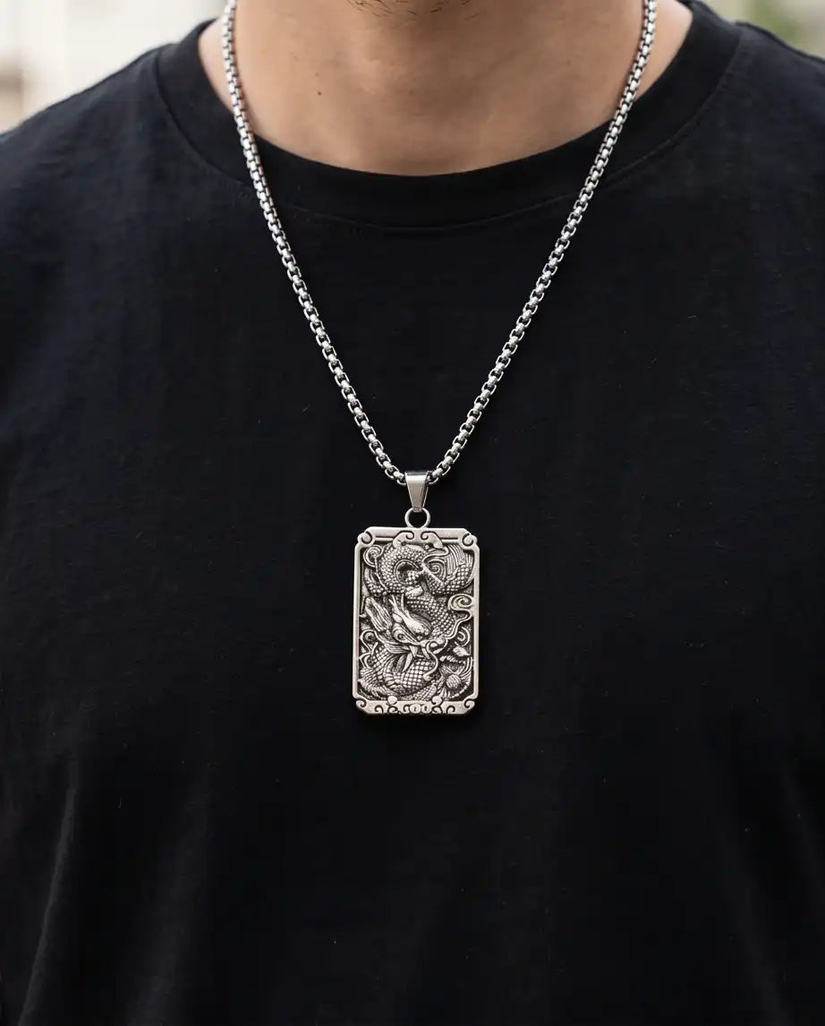 Mythological Dragon Rectangle Dog Tag Pendant Box Chain