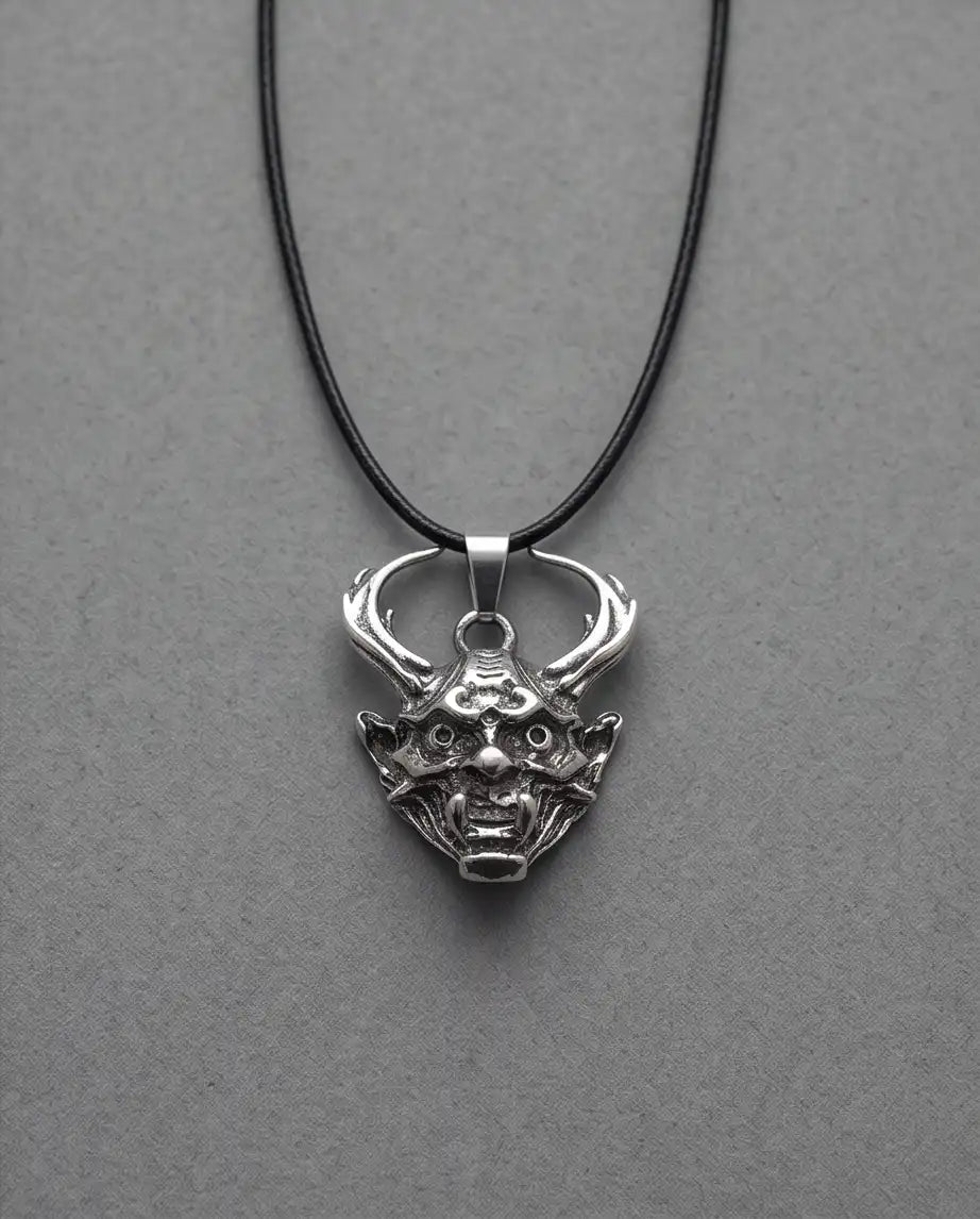 Antiqued Horned Oni Demon Mask Pendant Box Chain