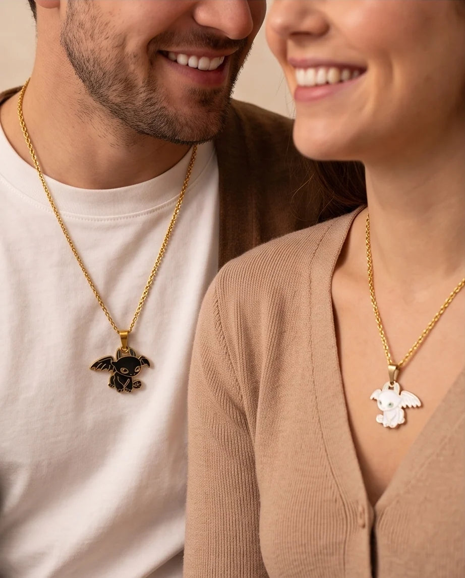 Gold Dragon Couple Enamel Pendant Necklace Set