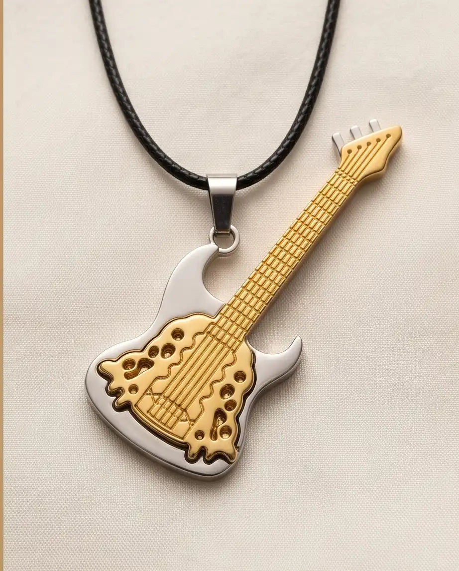 Two-Tone Electric Guitar Pendant Silver Box Chain Necklace