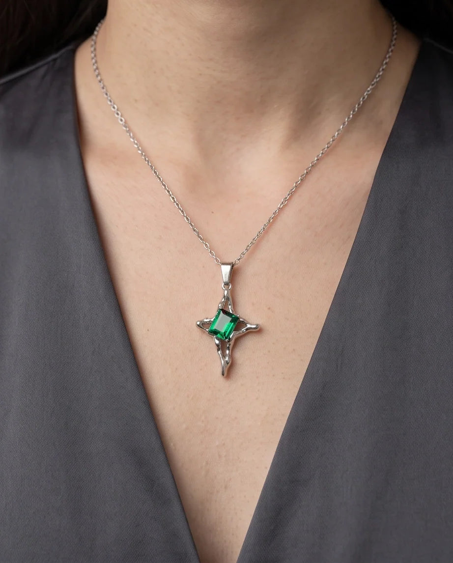 Silver Emerald Gemstone Gothic Cross Pendant Necklace