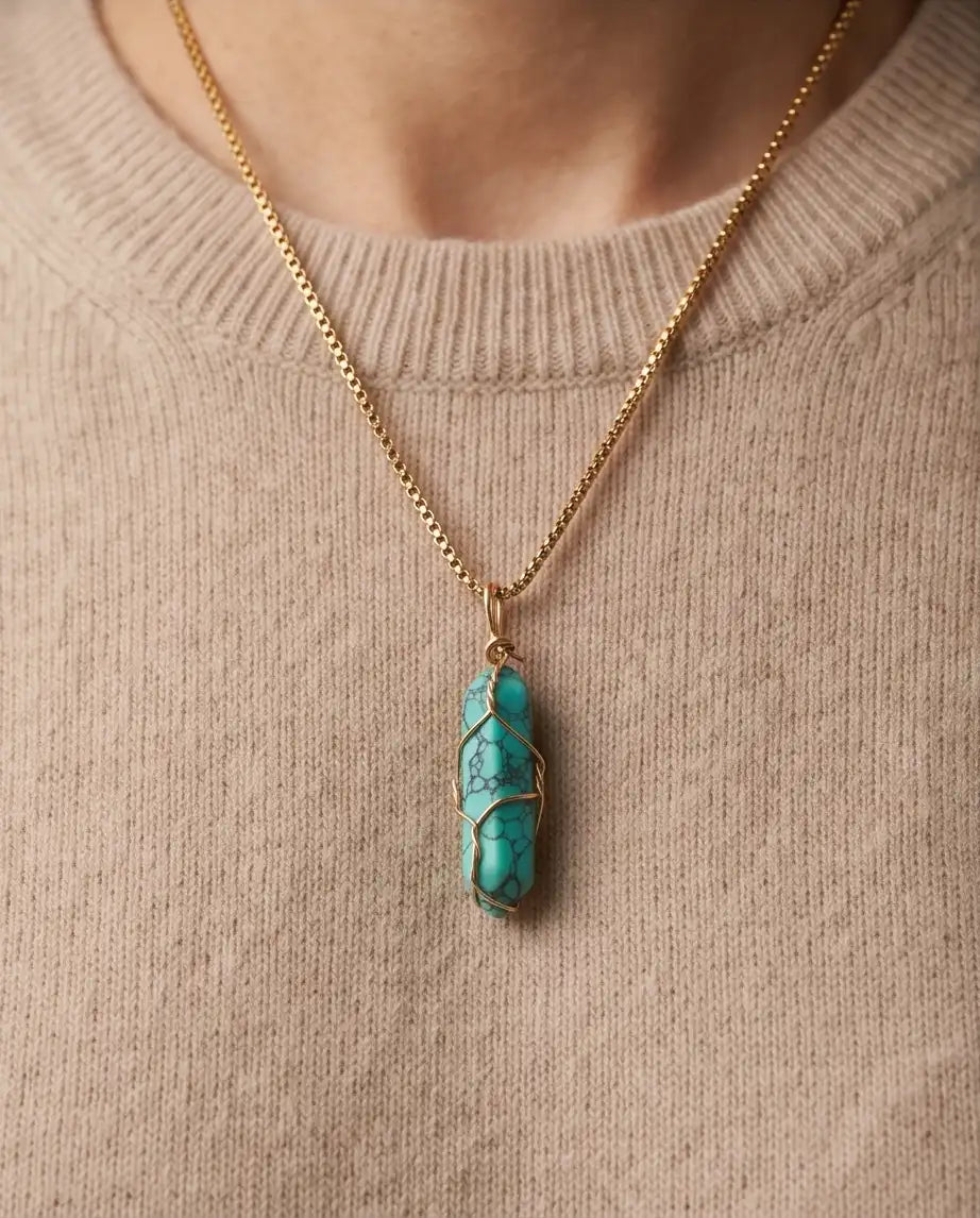 Wire-Wrapped Turquoise Howlite Crystal Point Pendant Box Chain