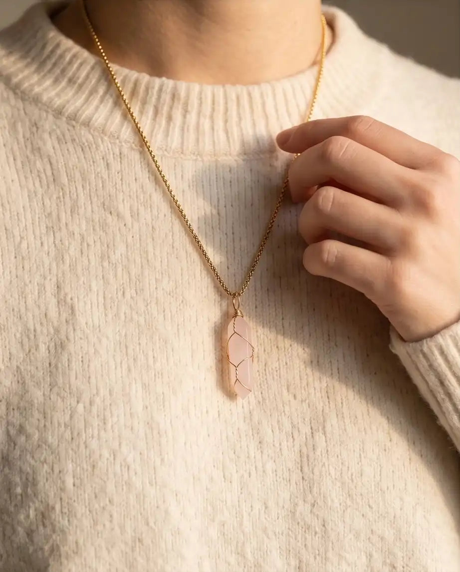 Wire-Wrapped Soft Pink Quartz Crystal Point Pendant Bead Chain