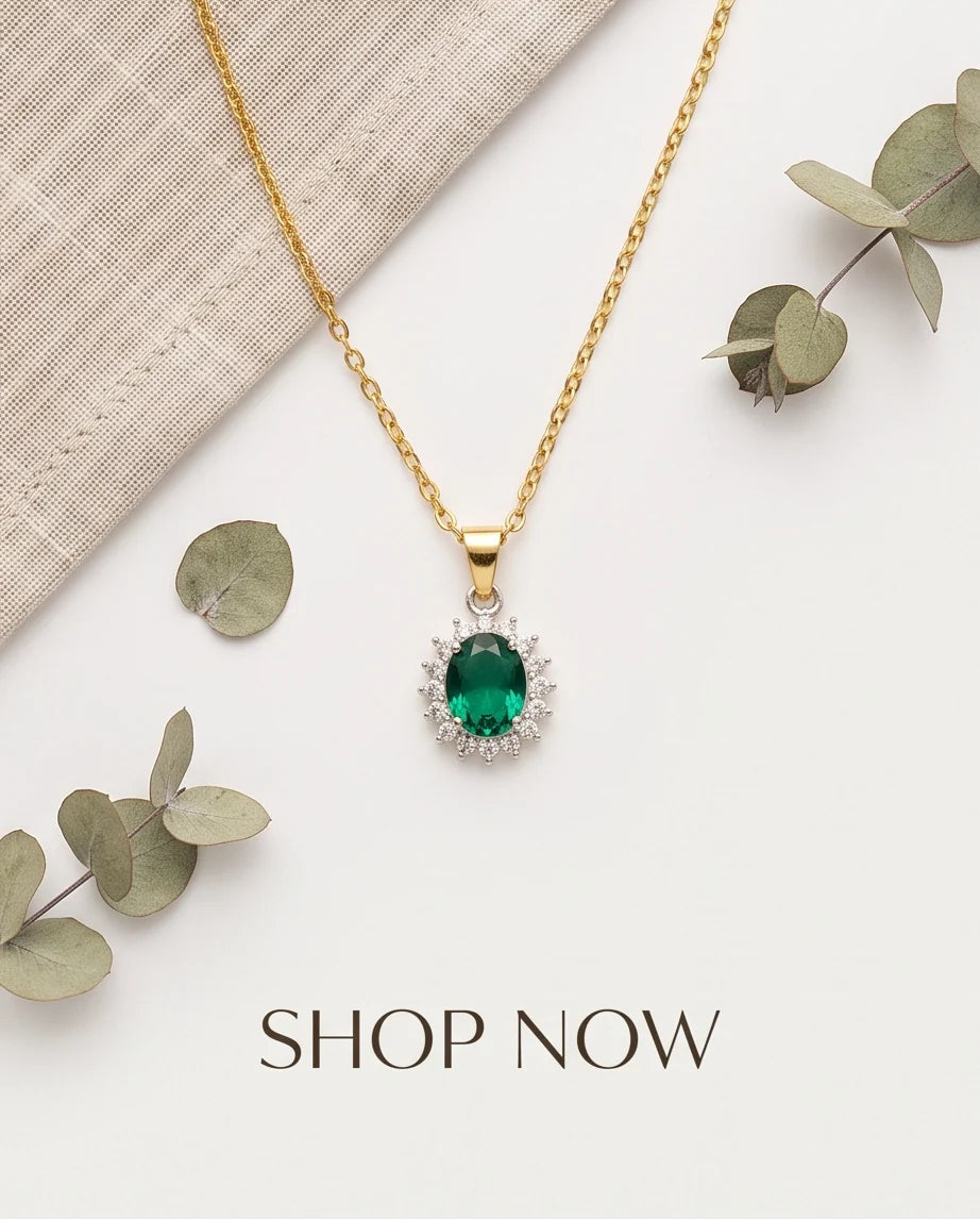Silver Emerald Green Oval Halo Medallion Pendant Necklace