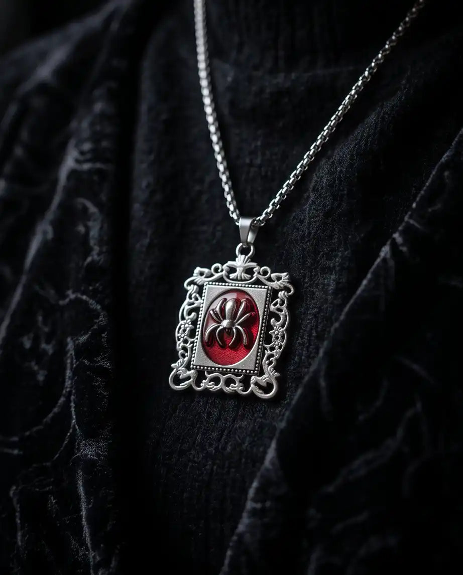 Gothic Red Enamel Spider Filigree Pendant Box Chain