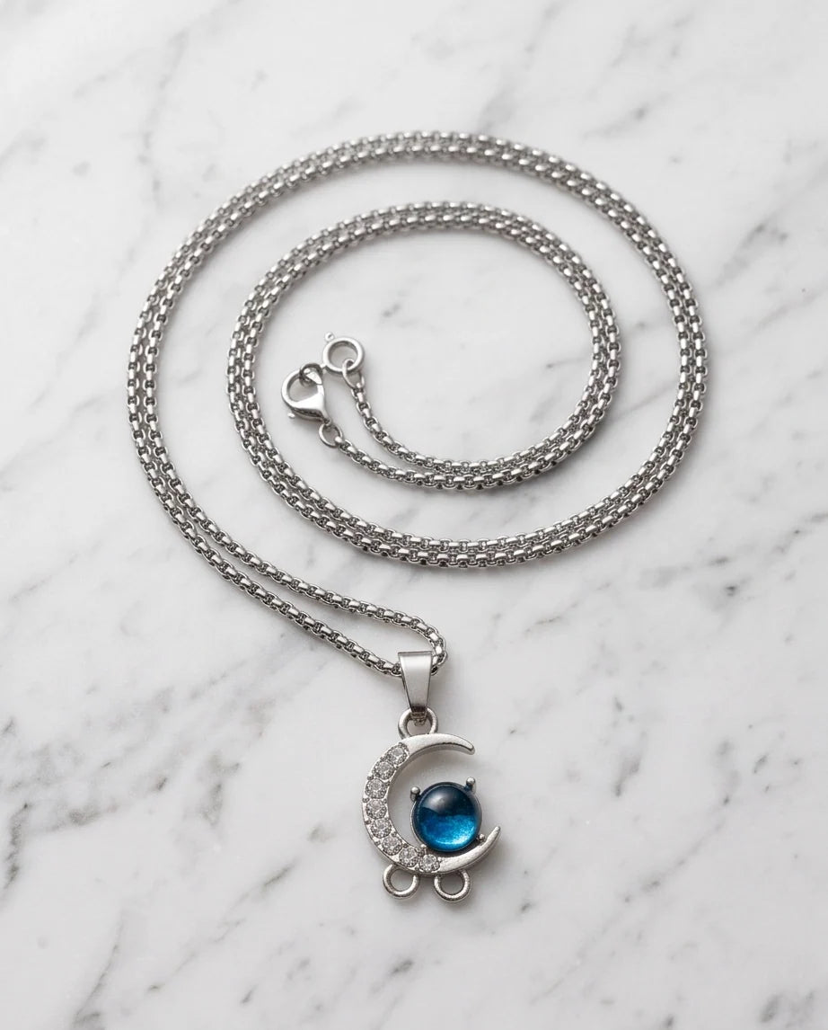 Silver Crystal Crescent Moon & Cosmic Blue Stone Pendant Necklace