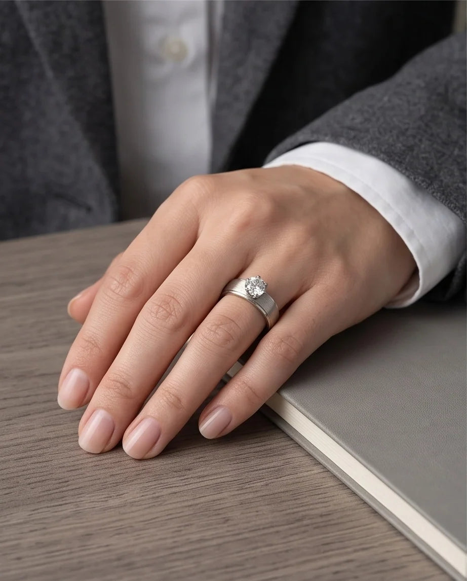 Silver Round Gemstone Brushed Solitaire Ring
