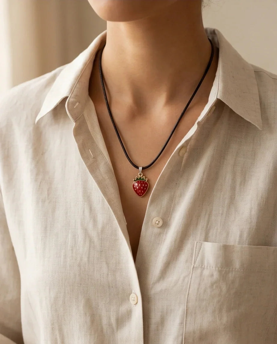 Gold and Red Strawberry Pendant Necklace
