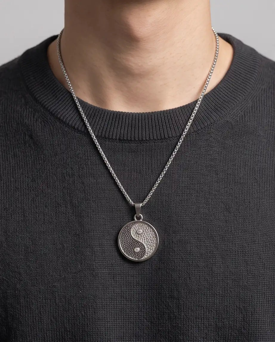 Cubic Zirconia Stippled Yin Yang Medallion Silver Box Chain Necklace