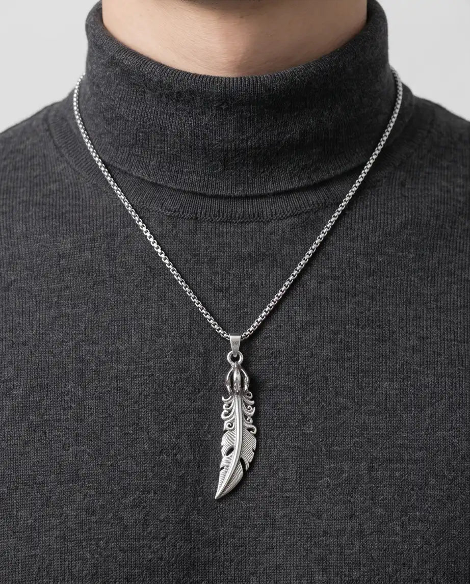 Gothic Filigree Feather Pendant Silver Box Chain Necklace