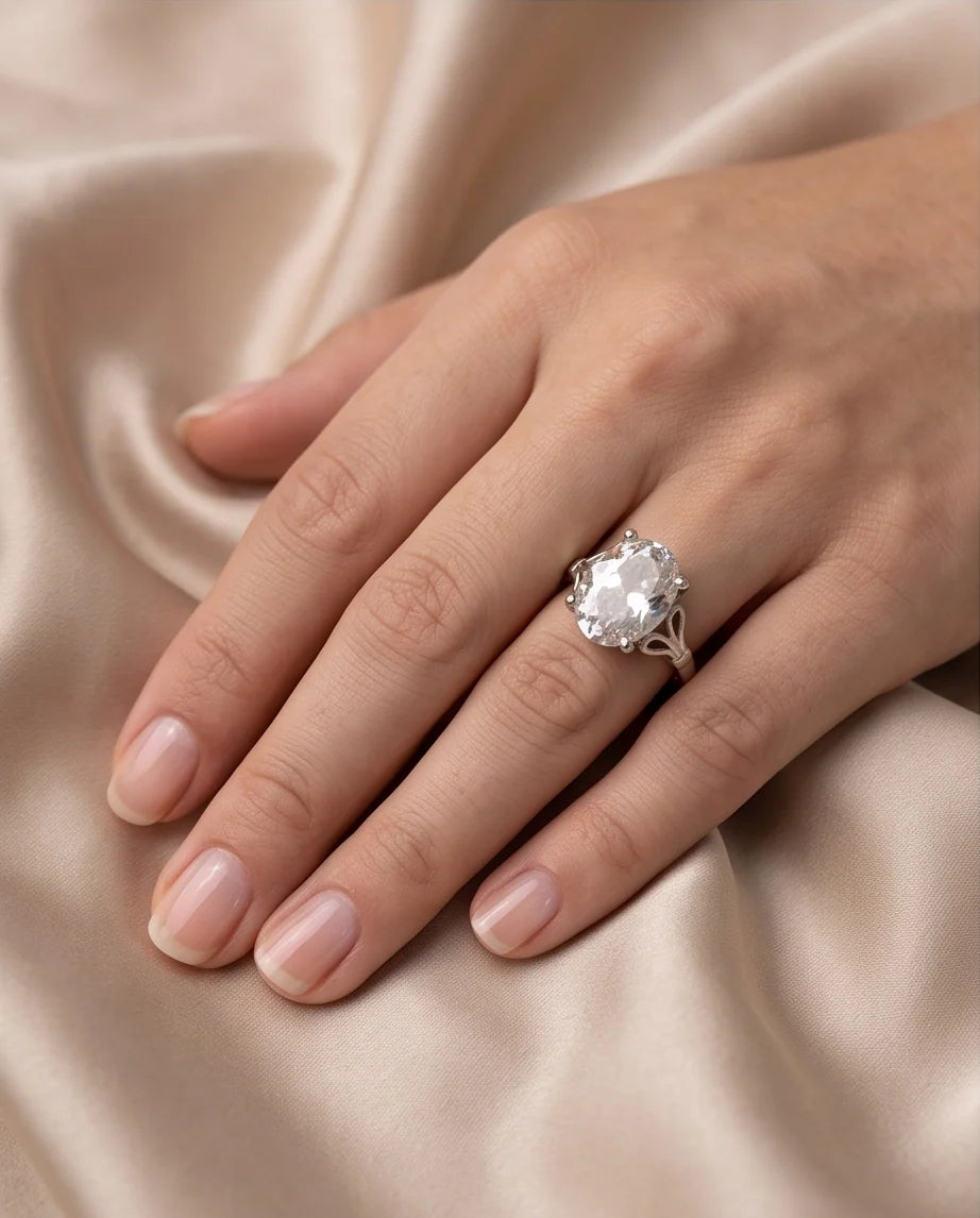 Silver Oval Clear Quartz Vintage Solitaire Ring