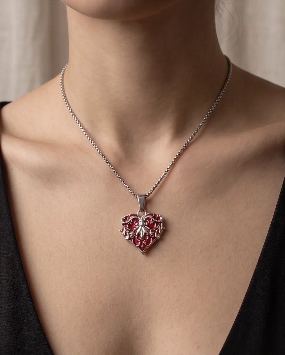 Silver Red Enamel Filigree Heart Pendant Necklace
