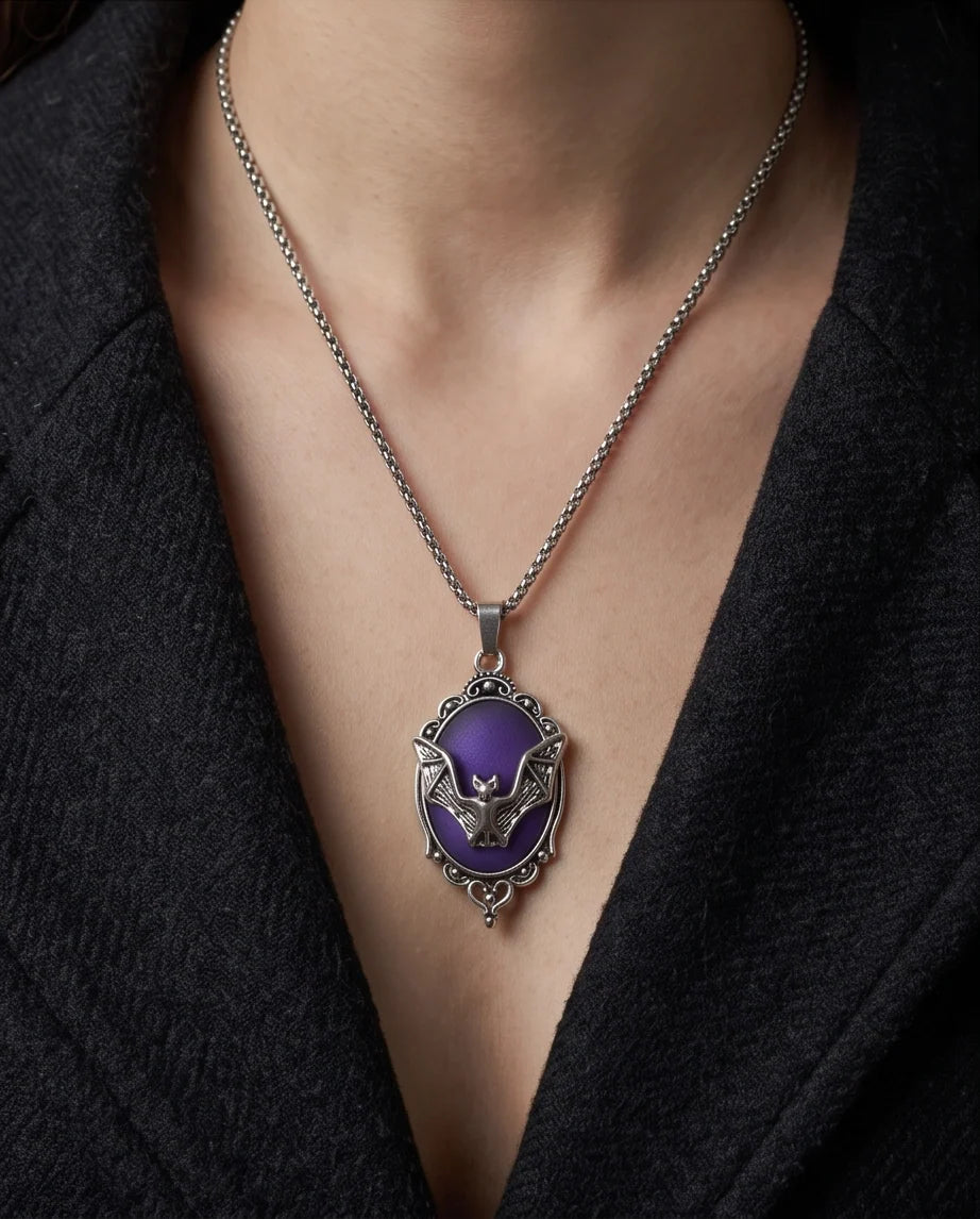 Silver Gothic Bat Purple Enamel Medallion Chain Necklace