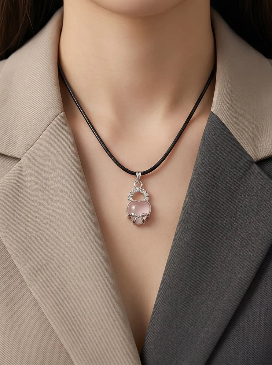 Pink Quartz Heart Bow Lock Pendant Necklace