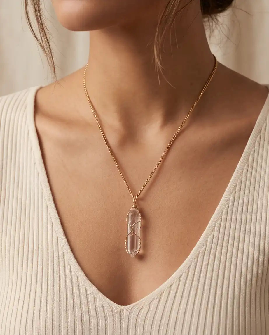 Wire-Wrapped Clear Quartz Crystal Point Pendant Box Chain