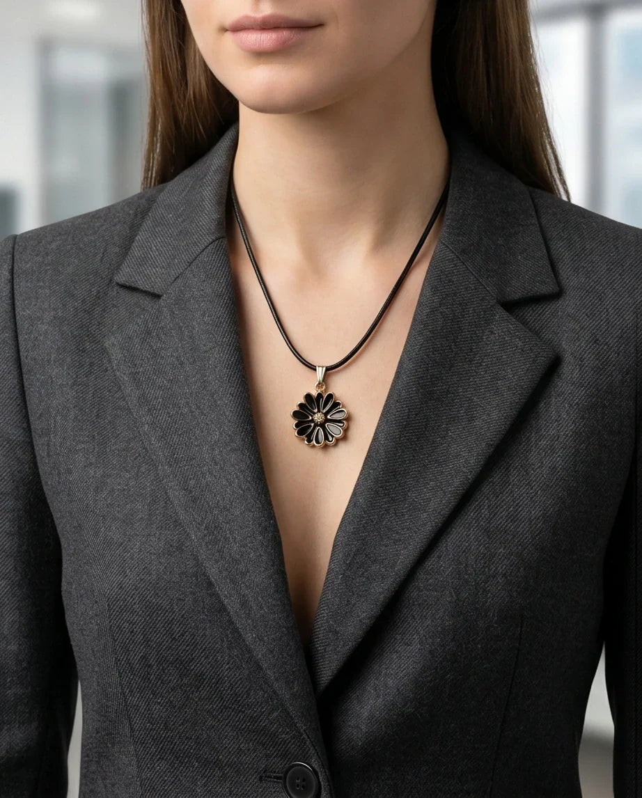 Gold and Black Sunflower Pendant Necklace