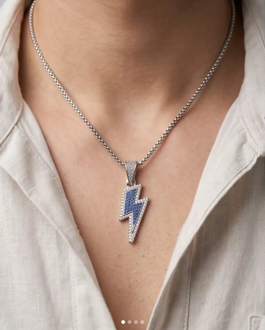 Blue Iced Lightning Bolt Pendant Box Chain