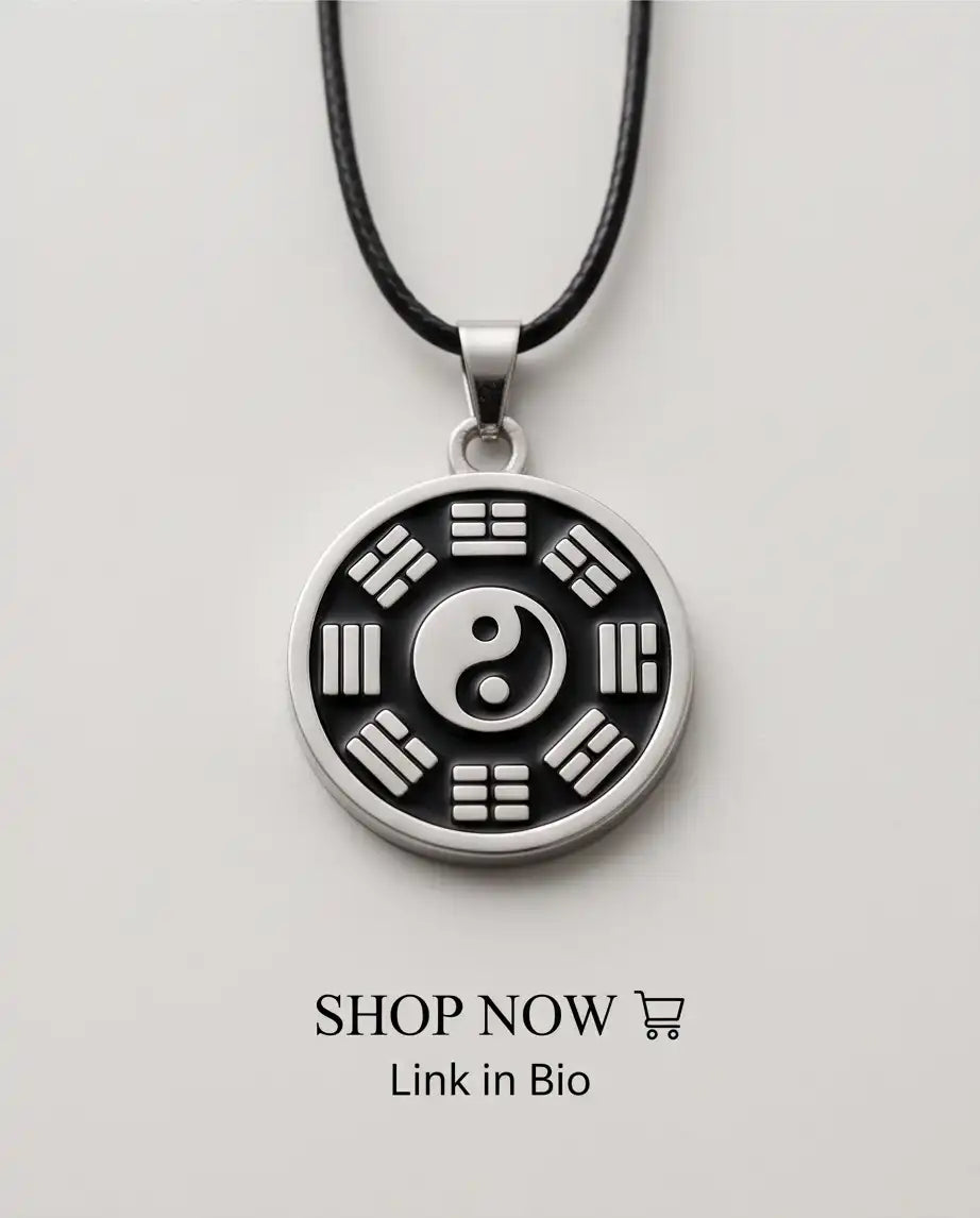 Yin Yang Bagua Symbol Medallion Silver Box Chain Necklace