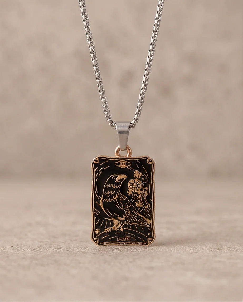 Gold "Death" Raven Tarot Card Pendant Necklace