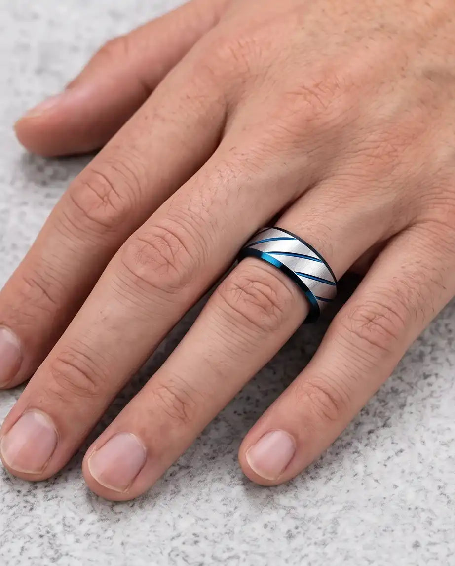 Two-Tone Brushed Silver and Blue Diagonal Groove Band Ring