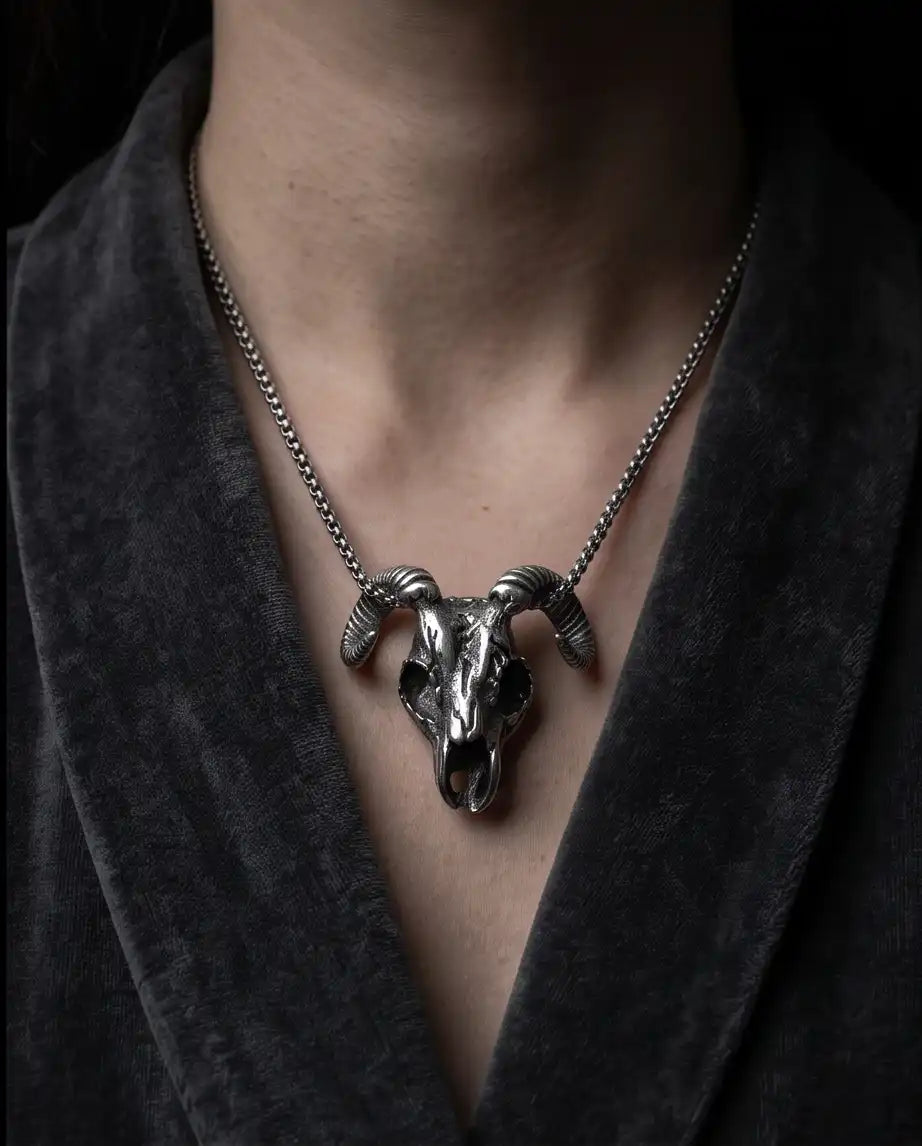 Gothic Ram Skull Pendant Silver Box Chain Necklace
