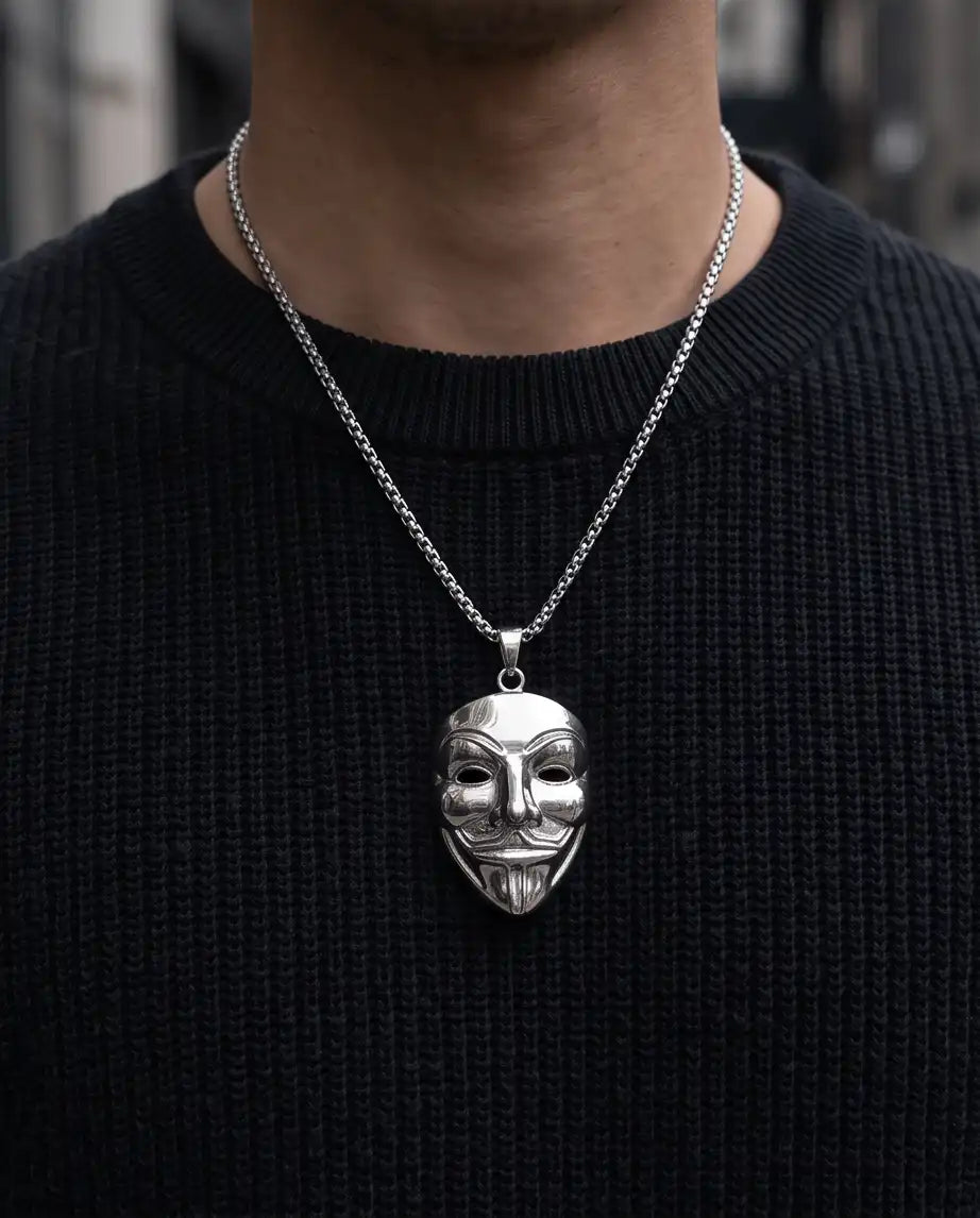 Guy Fawkes Masquerade Mask Pendant Silver Box Chain Necklace