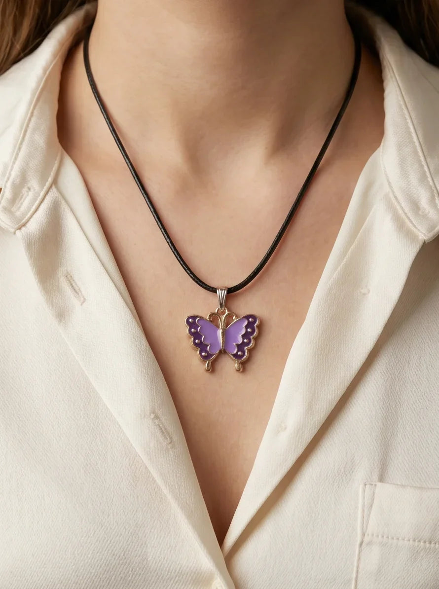 Purple Enamel Butterfly Pendant Necklace