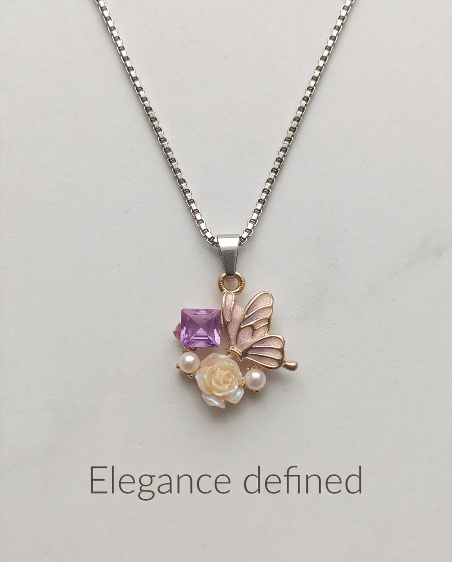 Gold Purple Enamel Butterfly & Pearl Rose Cluster Pendant Necklace