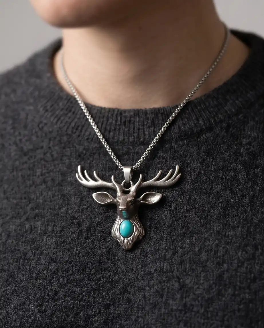 Turquoise Stone Stag Head Pendant Box Chain