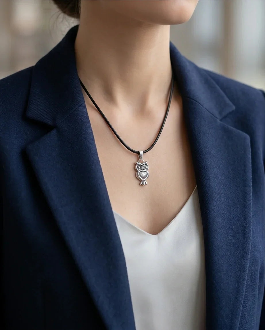 Silver Retro Heart Owl Necklace