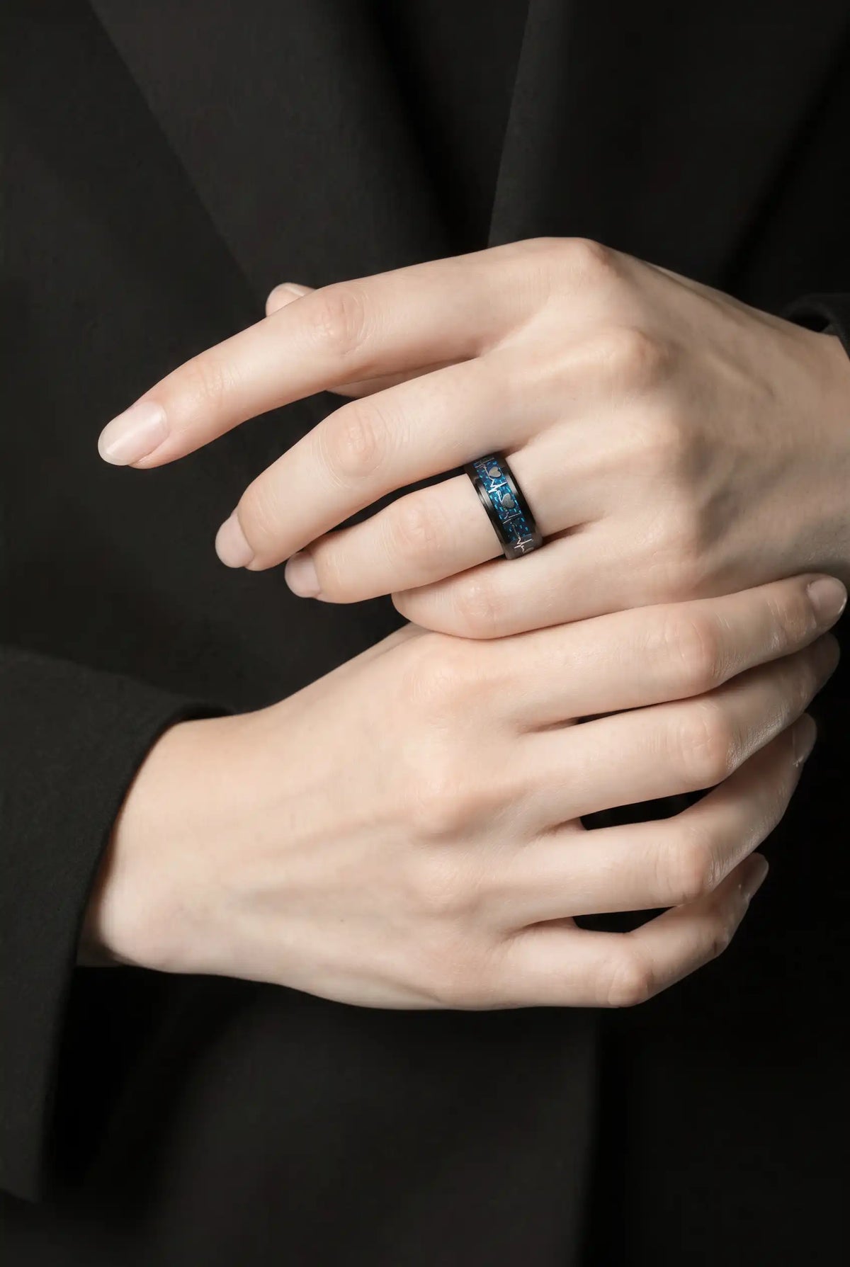 Black and Blue Carbon Fiber Heartbeat EKG Ring