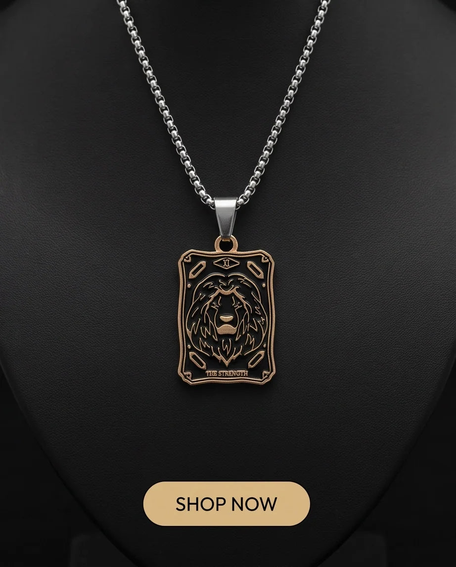 Gold "Strength" Lion Tarot Card Pendant Necklace