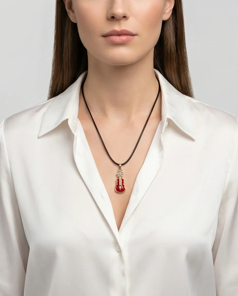 Gold and Red Enamel Violin Necklace
