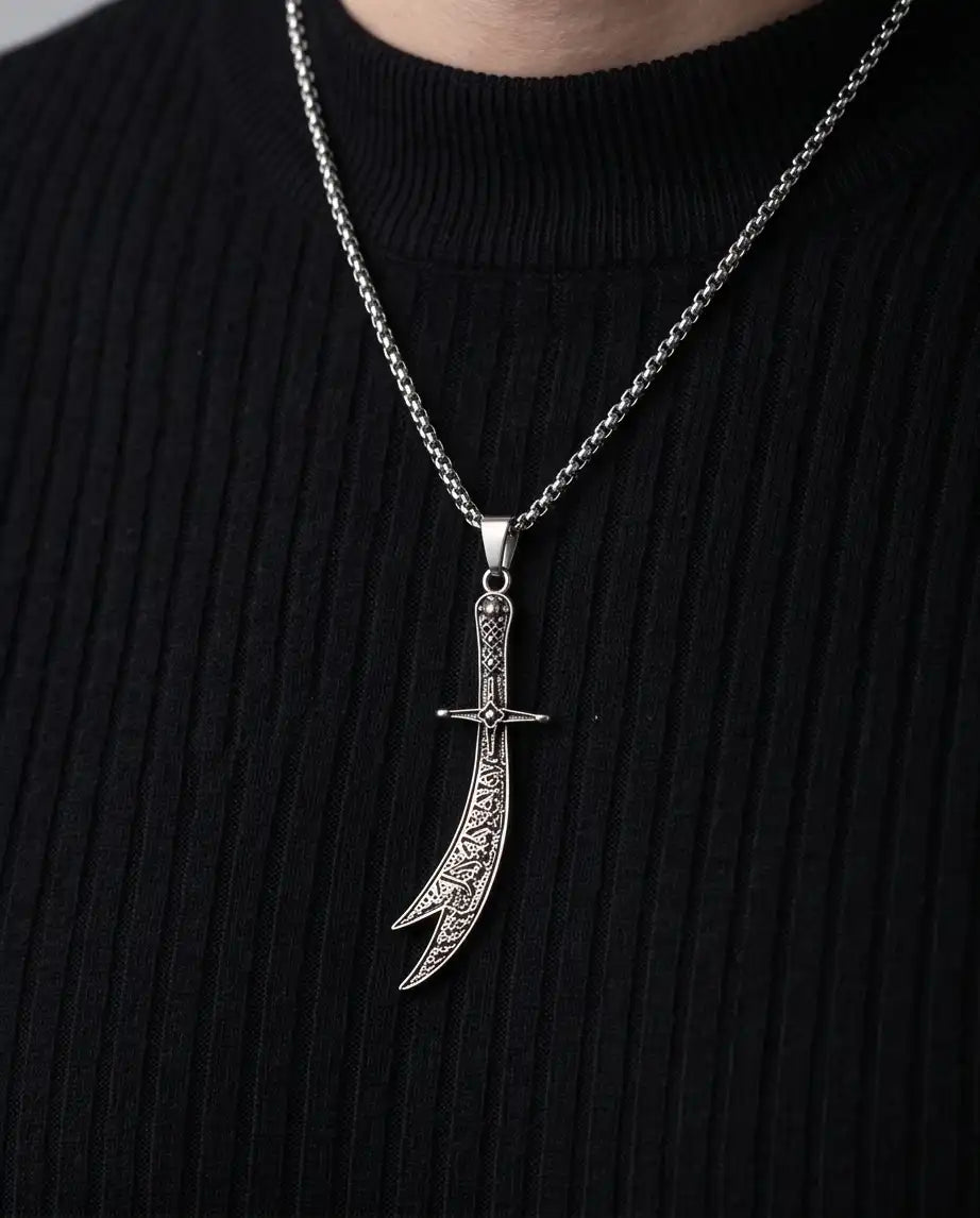 Antiqued Zulfiqar Sword Pendant Silver Box Chain Necklace