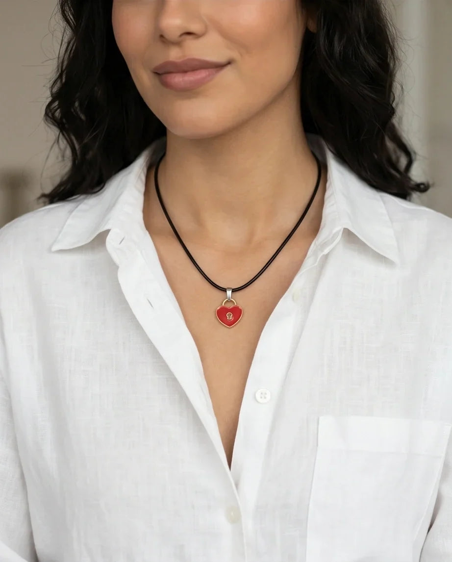 Gold and Red Heart Padlock Necklace