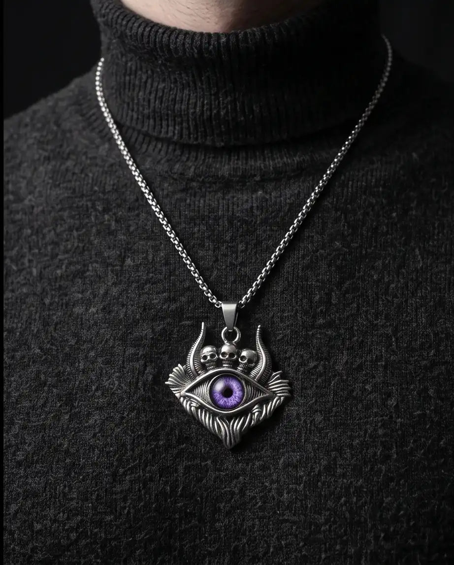 Purple Demon Eye Skulls Pendant Box Chain