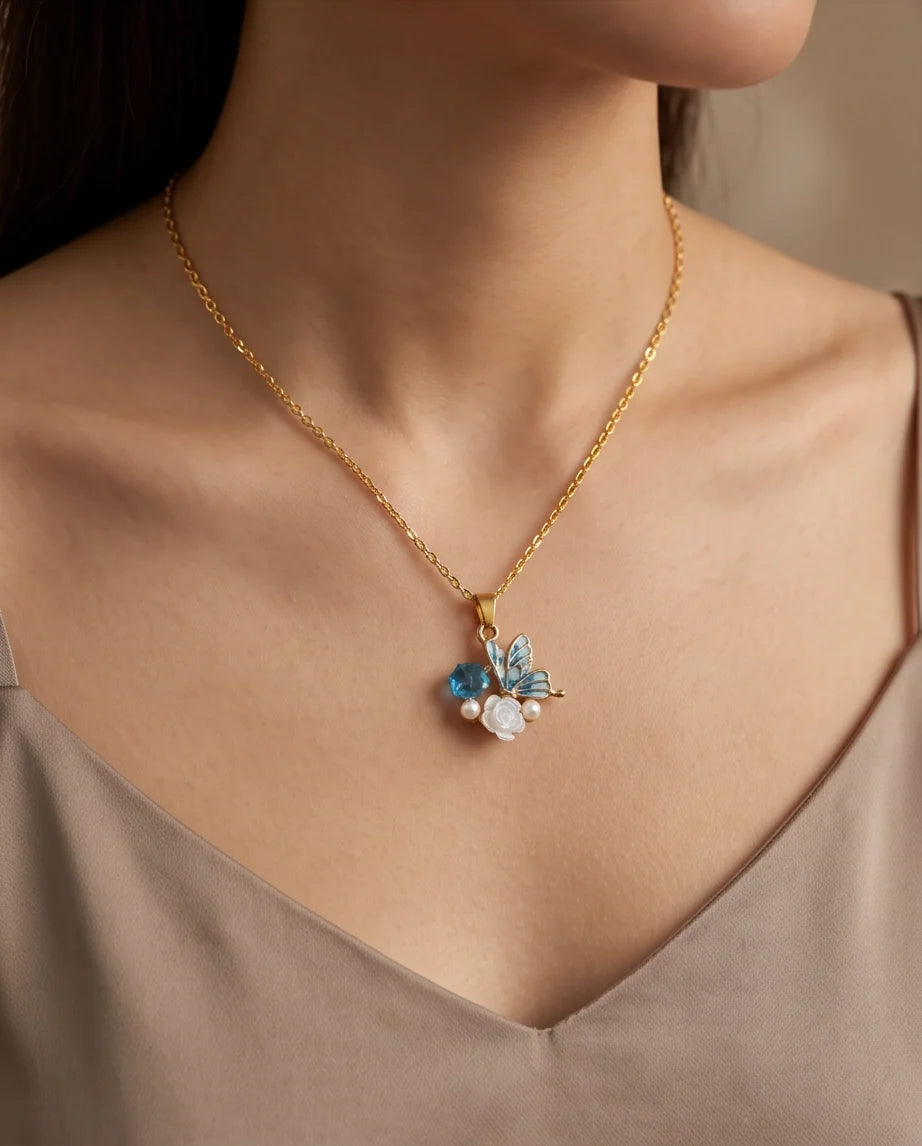 Gold Blue Enamel Butterfly & Pearl Rose Cluster Pendant Necklace