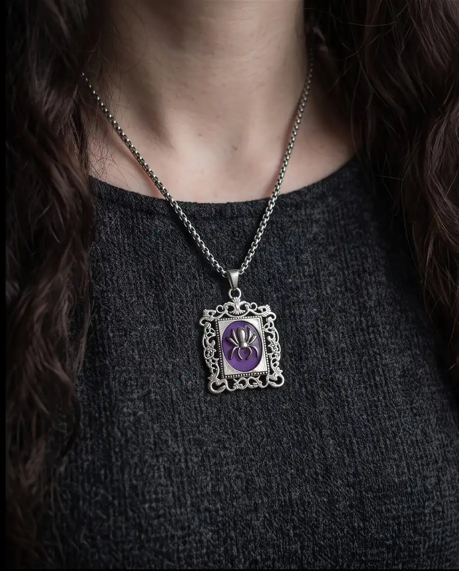 Gothic Purple Enamel Spider Filigree Pendant Box Chain