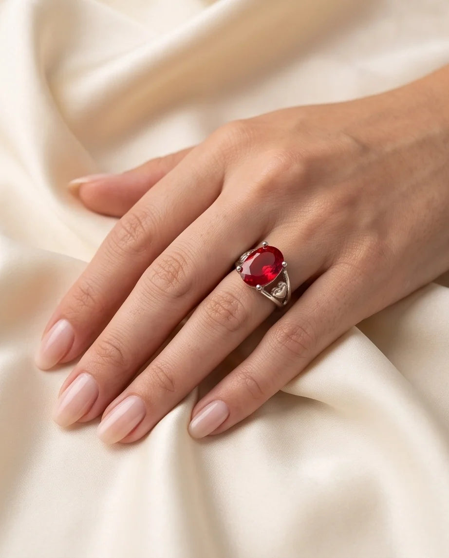 Silver Oval Ruby Heart Detail Solitaire Ring